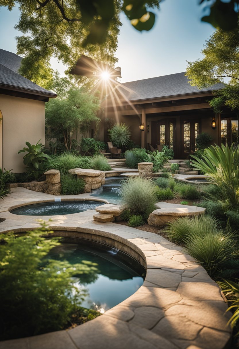 A serene spa retreat in Waco, with lush greenery, tranquil water features, and cozy relaxation areas