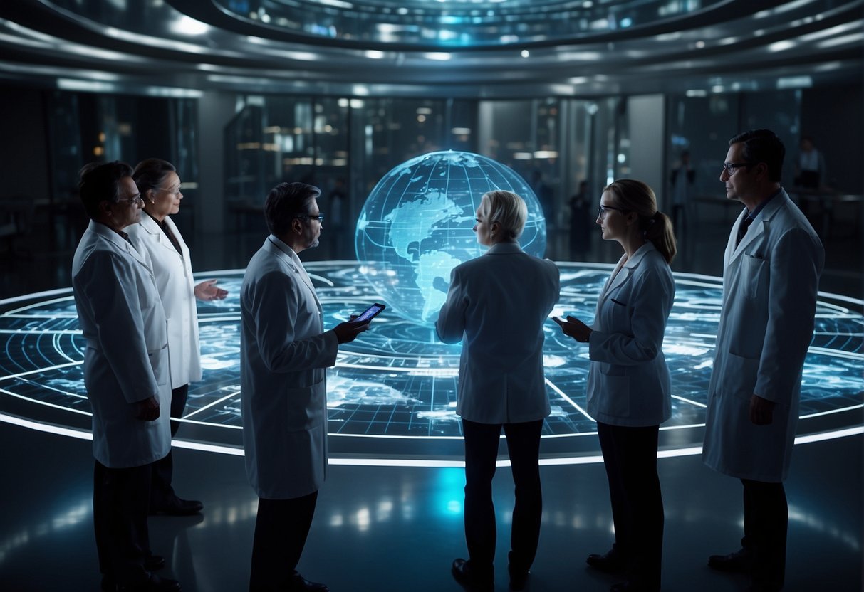 A group of scientists gather around a holographic map, discussing ethical protocols for planetary protection. Equipment and technology surround them