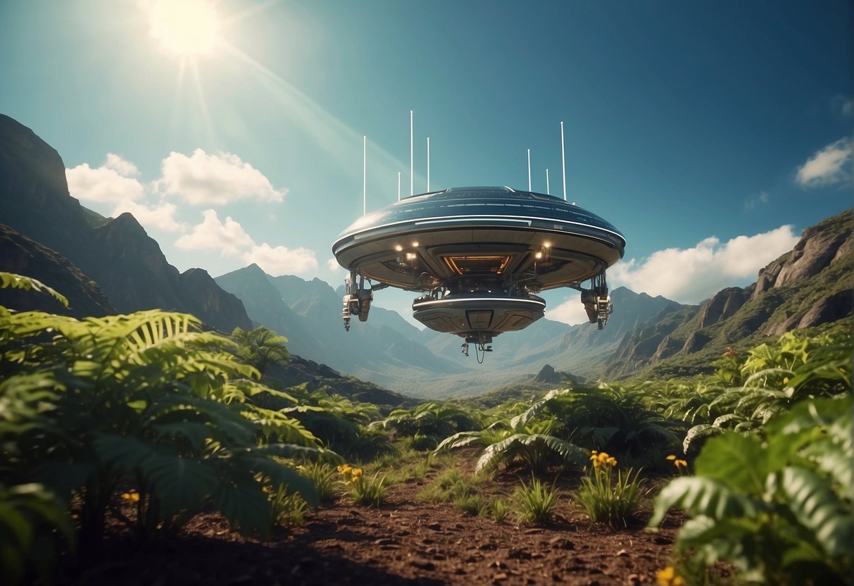 A spaceship hovers above a lush, alien landscape. Scientists in hazmat suits collect samples while robotic drones scan the environment for signs of life