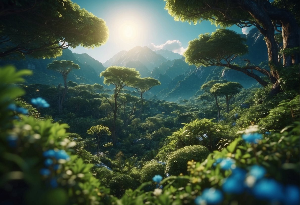 Lush green planet with diverse ecosystems, surrounded by a shimmering blue atmosphere. A network of interconnected habitats, with vibrant flora and fauna