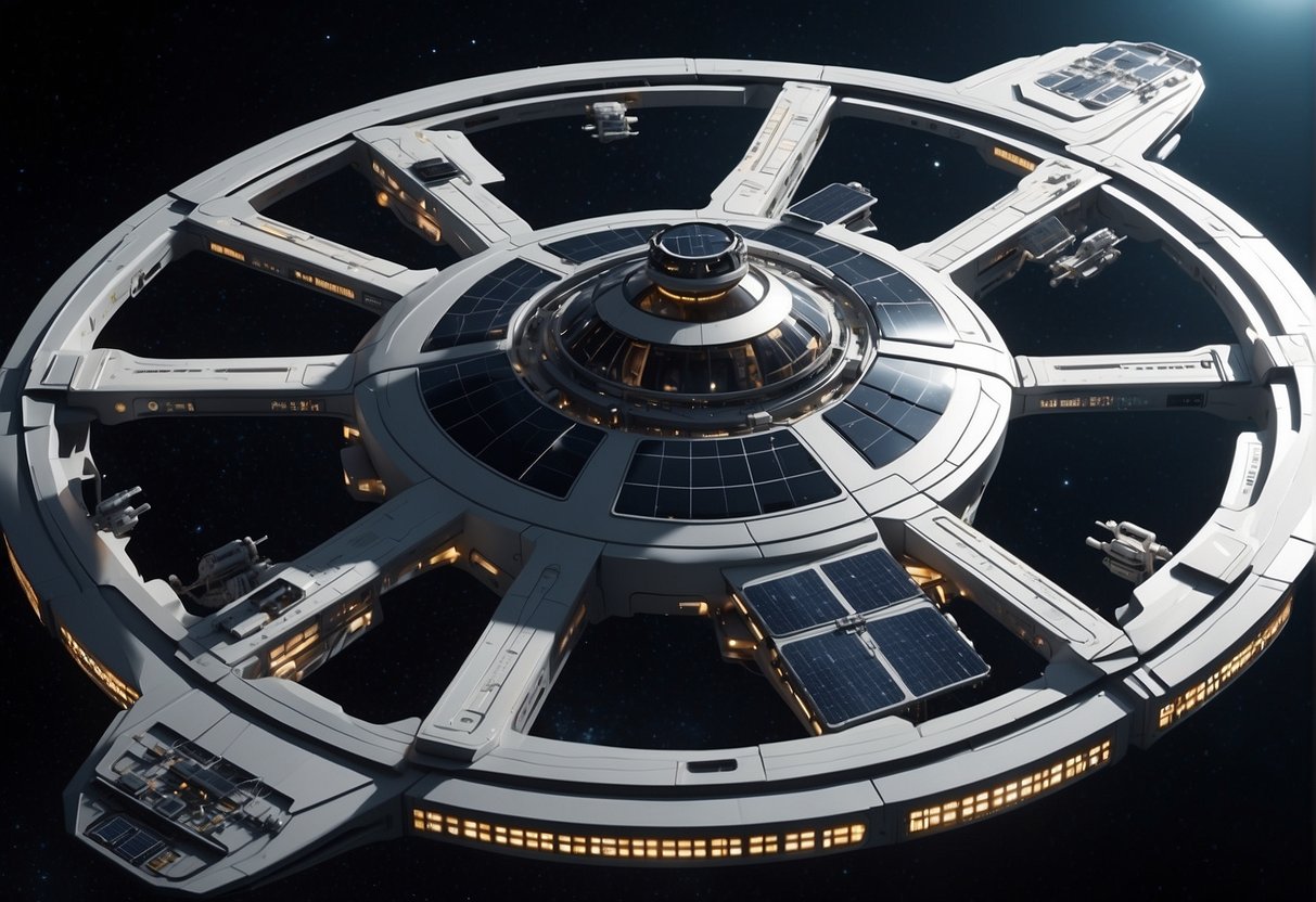 The Future of Space Stations: A futuristic space station with sleek, modular design, featuring research labs, living quarters, and recreational areas, with expansive solar panels and docking ports for spacecraft