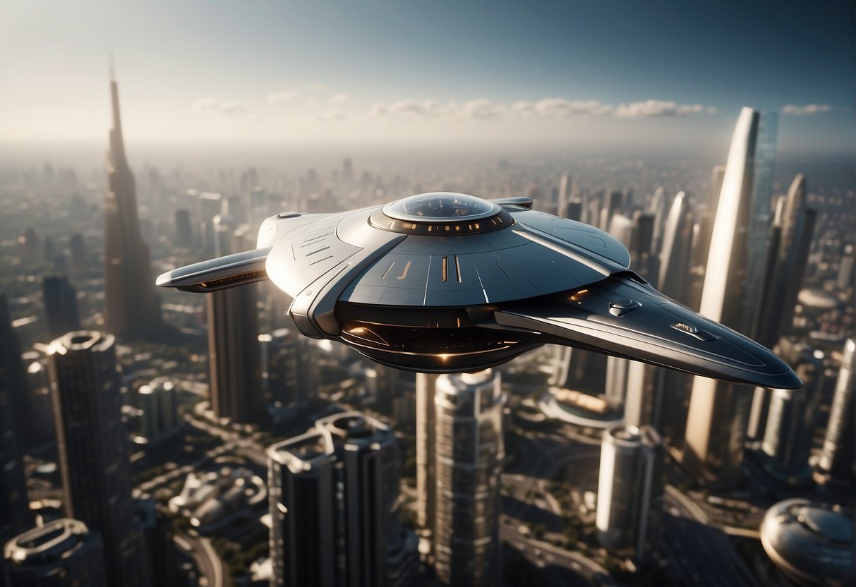 Spacecraft of the Future: A sleek, futuristic spacecraft hovers above a bustling city, its streamlined design and advanced propulsion systems hinting at the next generation of space travel