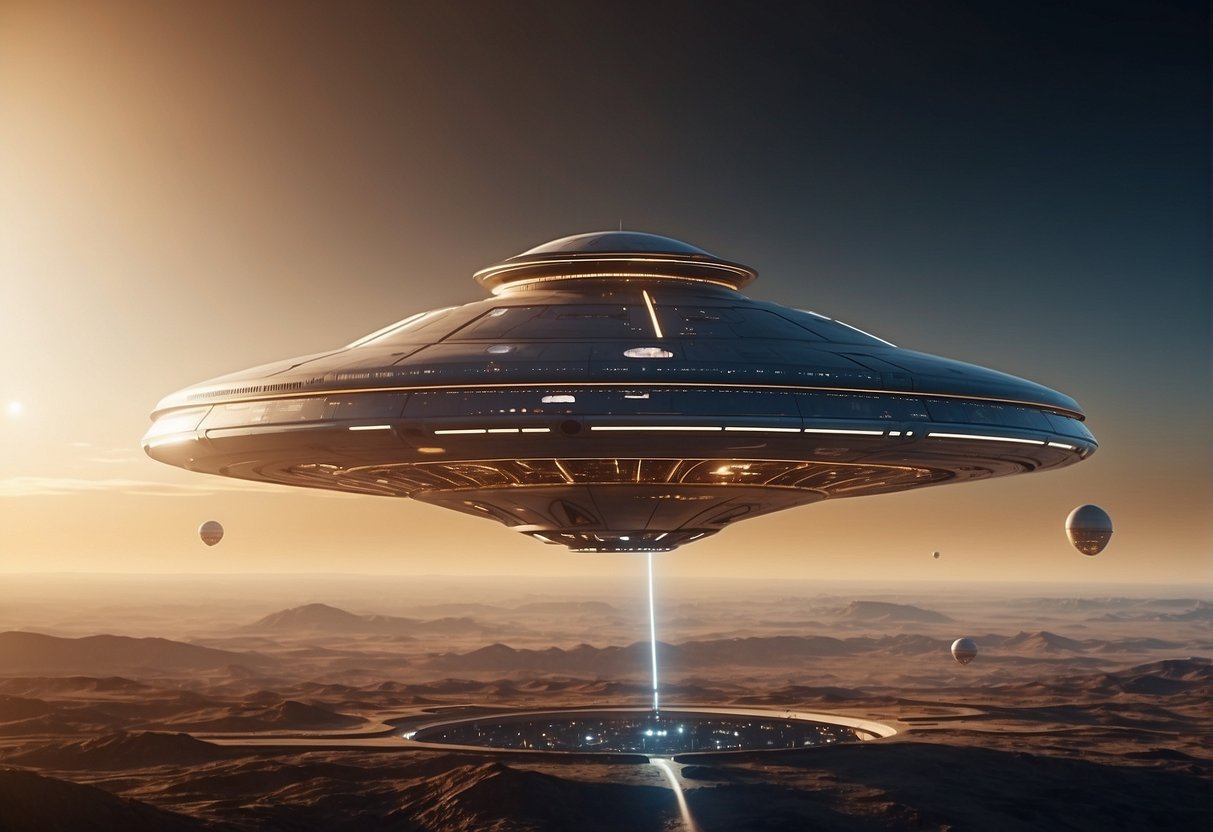 A futuristic spacecraft hovers above a bustling spaceport, showcasing sleek design and advanced technology. Engineers work on solving complex challenges, while innovative concepts shape the future of space exploration