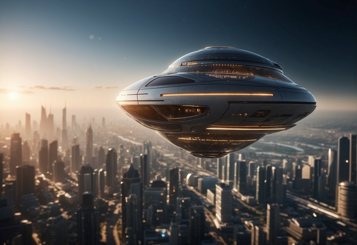 A sleek, futuristic spacecraft hovers above a bustling city, its advanced design symbolizing the potential for humanity's future in space exploration and innovation