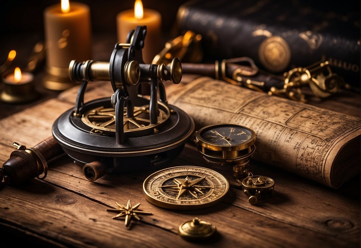 A sextant and astrolabe sit on a weathered wooden table, surrounded by celestial maps and star charts. The soft glow of candlelight illuminates the intricate instruments, casting shadows across the ancient tools of celestial navigation