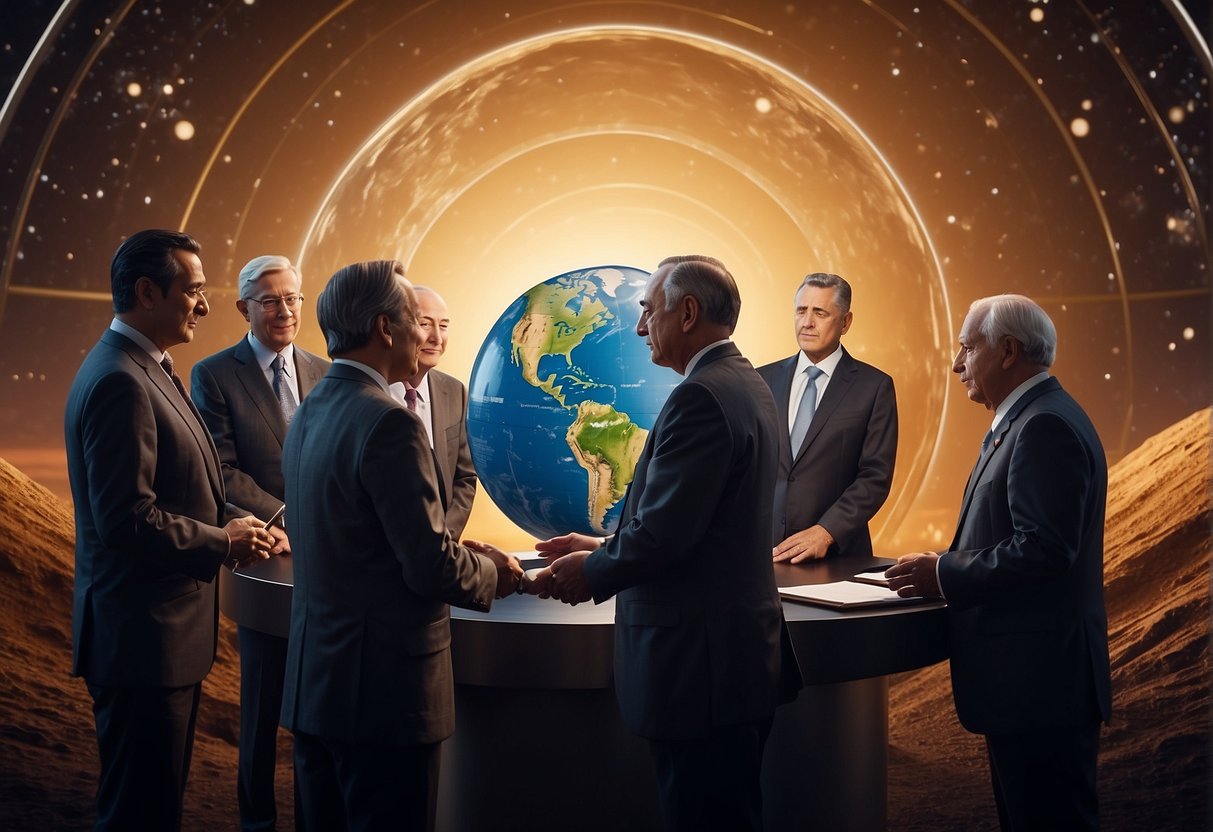 A group of world leaders sign a treaty under the watchful eye of a giant globe, symbolizing global cooperation in space exploration