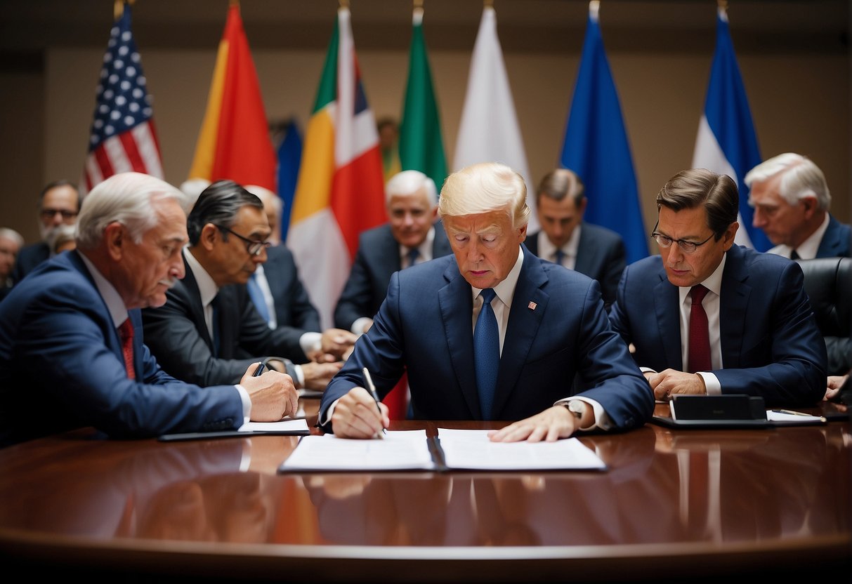 A group of world leaders signing a document at a round table, surrounded by flags of different nations