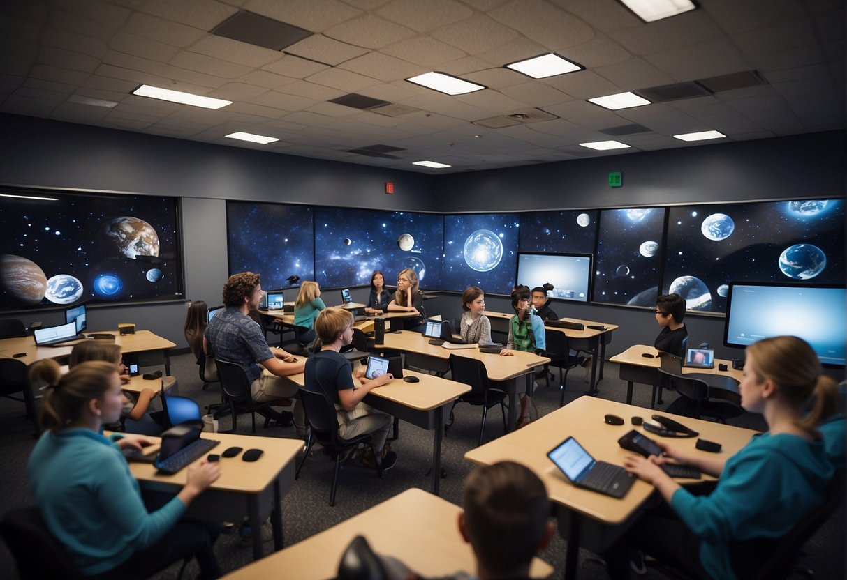 A classroom with students engaged in virtual reality, coding, and robotics. A teacher guides them as they explore the wonders of space through interactive technology