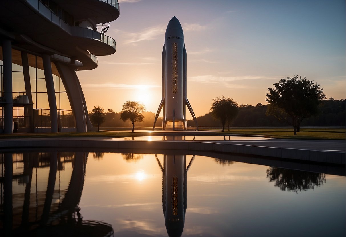SpaceX's Starship stands tall on the launchpad, ready to revolutionize space travel with its sleek design and futuristic technology. The sun sets in the background, casting a warm glow on the rocket's metallic surface