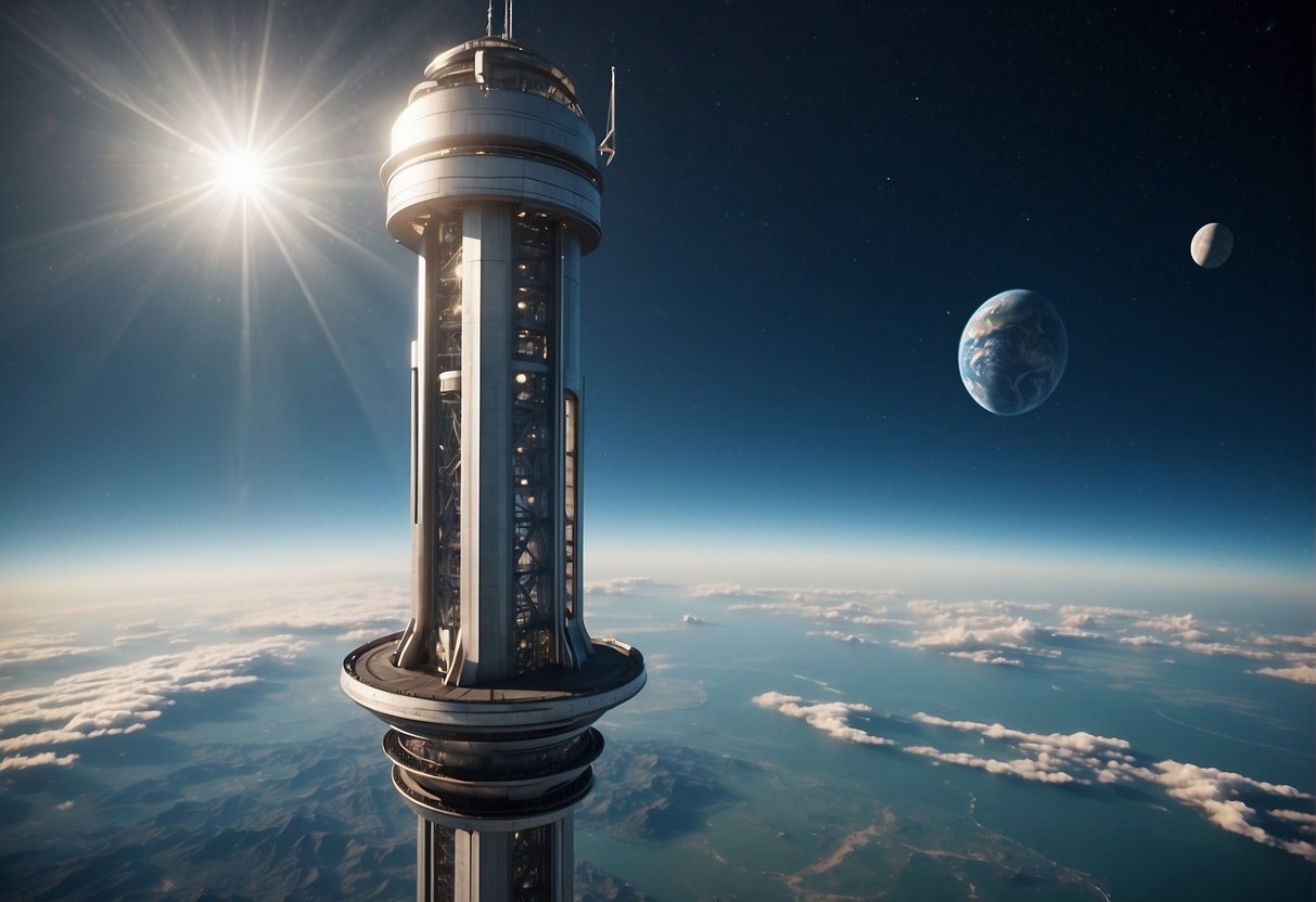 Space Elevators: A space elevator extends from Earth's surface into the atmosphere, with a counterweight in space. The elevator is anchored to the ground and stretches high into the sky, with a futuristic design and advanced engineering