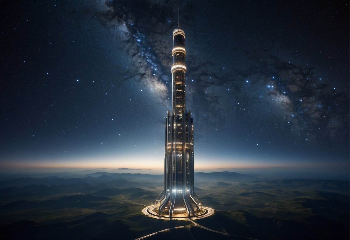 A towering space elevator stretches from Earth's surface into the vastness of space, supported by a network of cables and platforms. The Earth looms below, while the stars and planets fill the cosmic backdrop