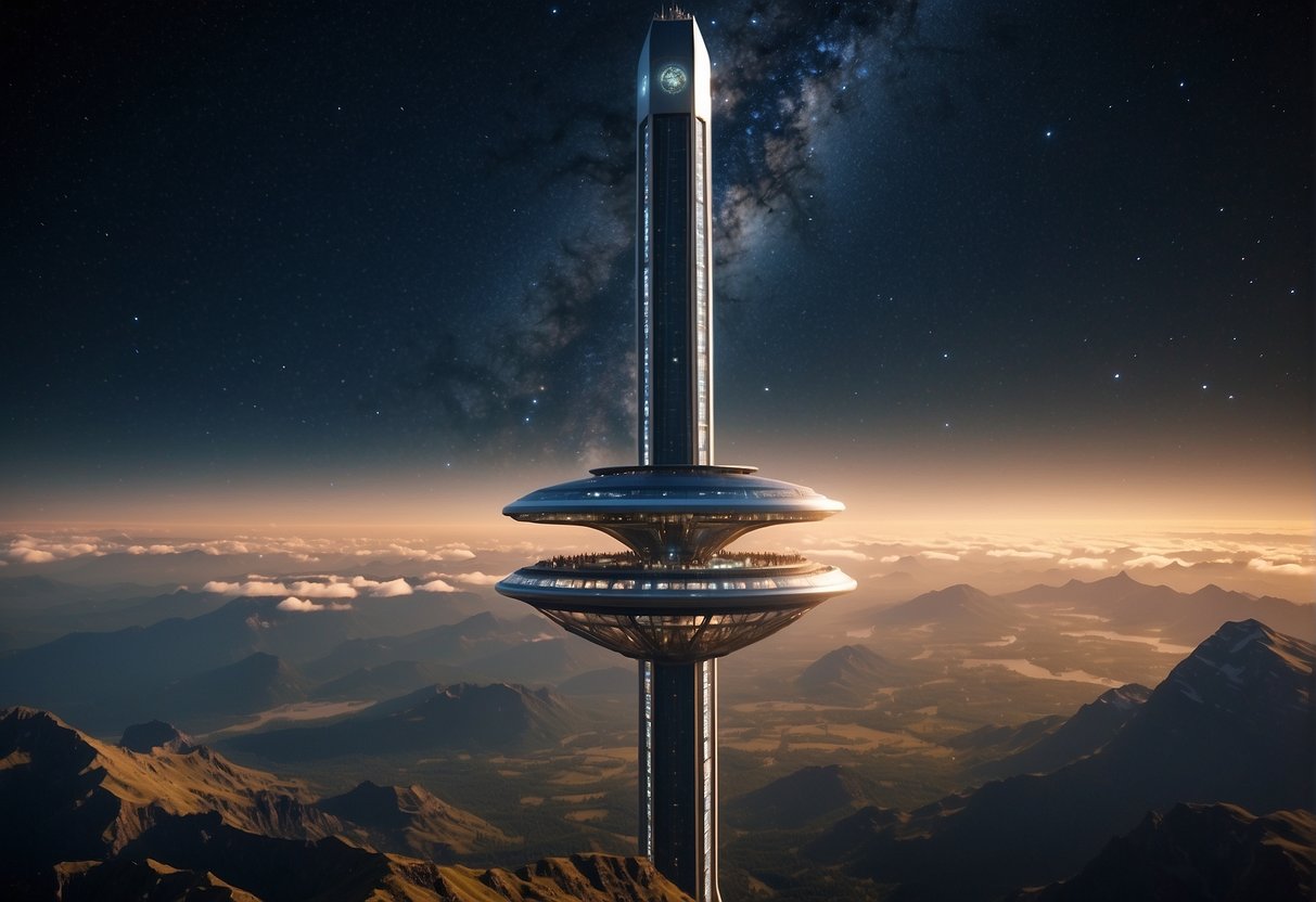 A towering space elevator extends from Earth's surface into the starry expanse, showcasing the potential for economic viability and opening up new markets for space exploration and transportation