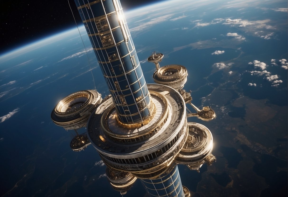 A space elevator tower rises from Earth's surface, with a cable extending into space. Satellites orbit above, and engineers work on the structure