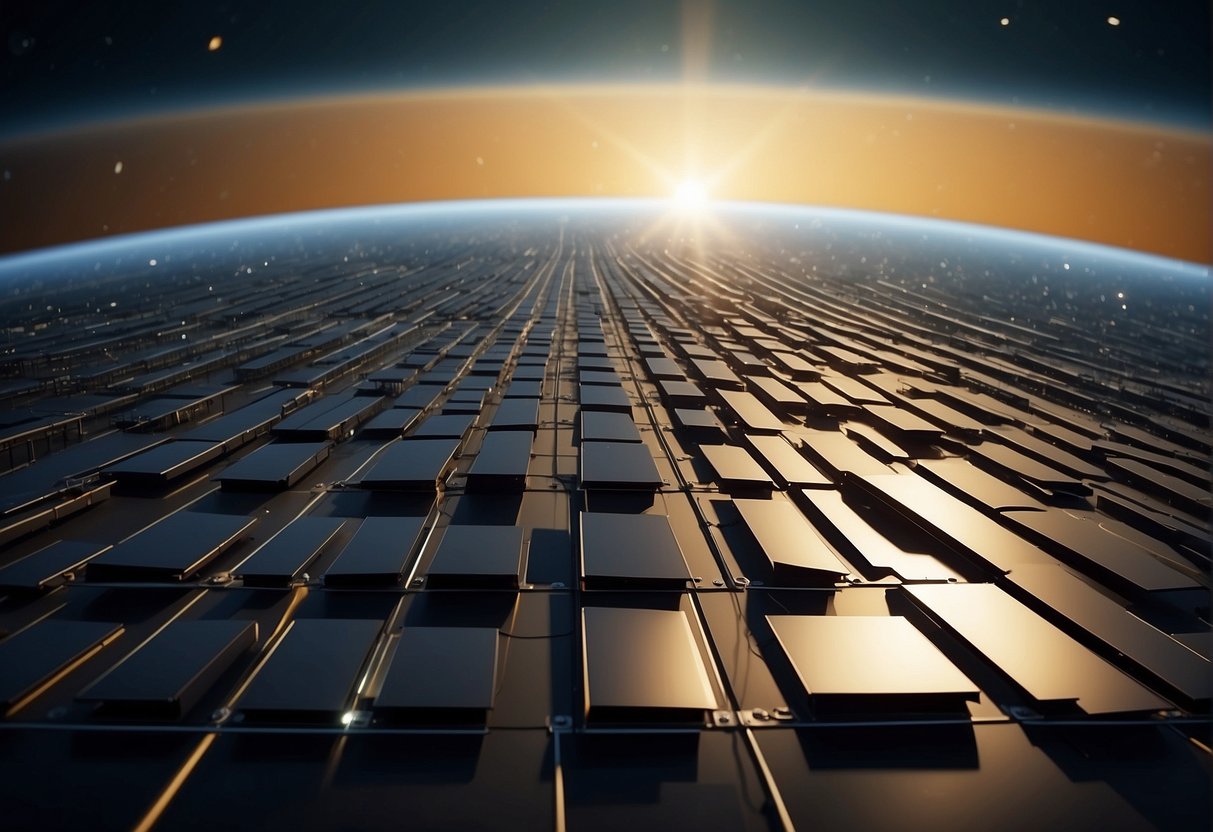 Space-Based Solar Power: A massive solar panel array orbits Earth, beaming energy down to a network of receiving stations on the planet's surface