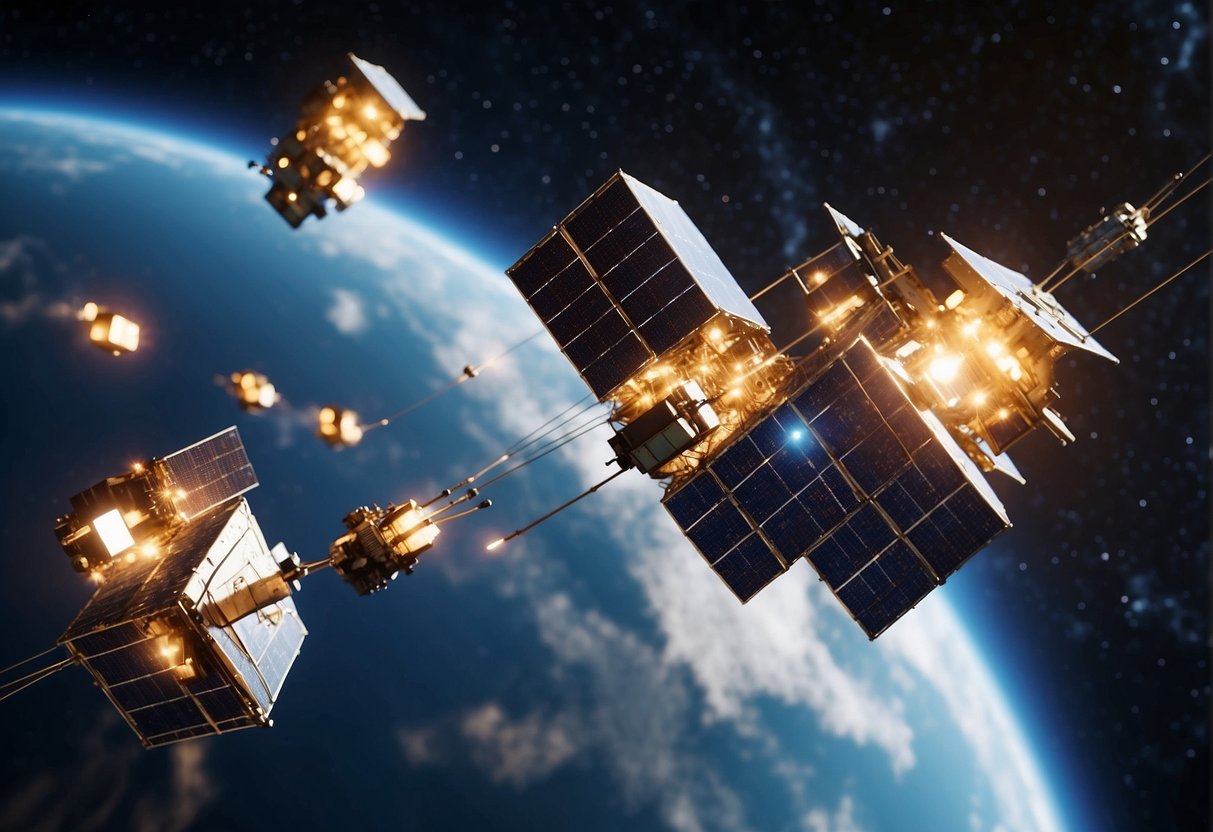 A cluster of microsatellites orbiting Earth, beaming signals to and from the planet. One satellite focuses on telecommunications, another on Earth observation