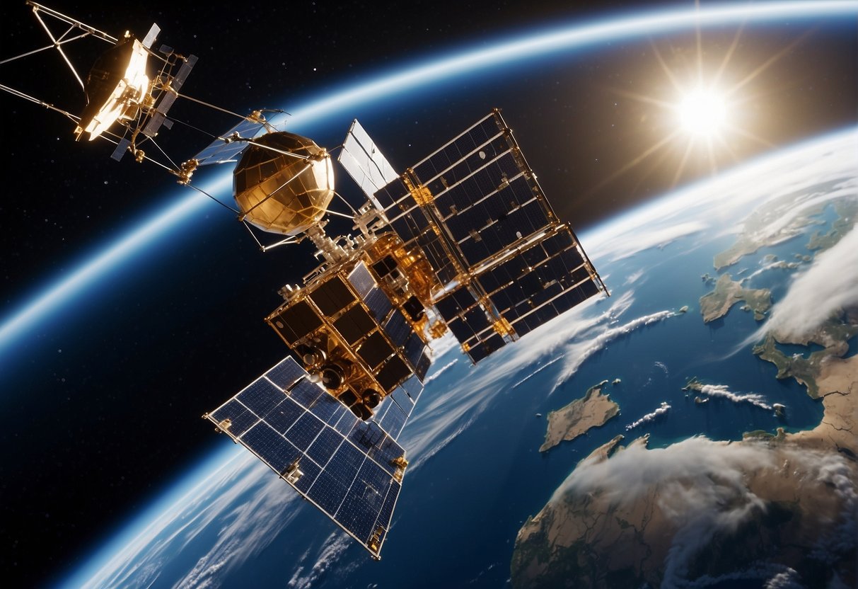 Microsatellites orbiting Earth, transmitting data to ground stations. Antennas receiving signals, while cameras capture images of the planet's surface