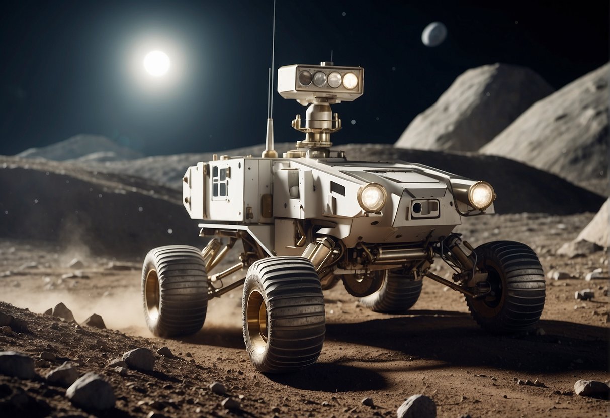 Mining the Moon for Precious Resources – A lunar rover drills into the surface of the moon, extracting valuable resources. A mining base sits in the background, with astronauts overseeing operations