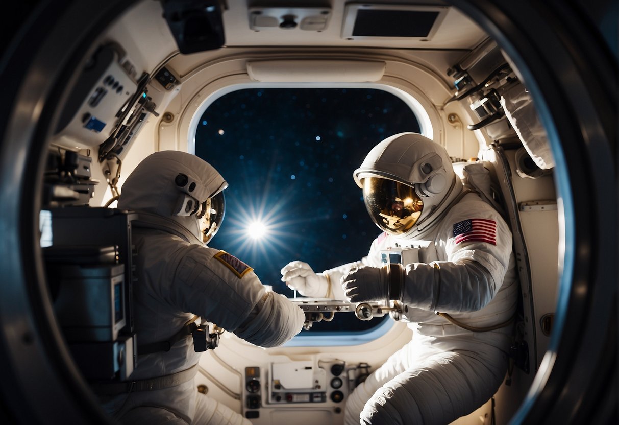 Astronauts float through the module, exercising, eating, and working on experiments. Sunlight streams through the windows, casting a warm glow on the equipment and personal items scattered throughout the space
