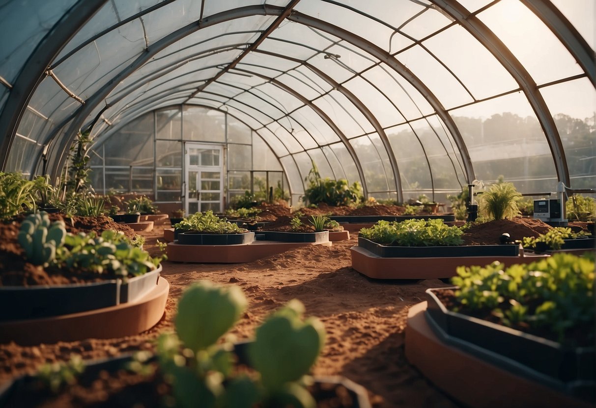 Terraforming Mars: A red planet with robotic rovers and greenhouses, surrounded by a protective dome. Scientists monitor the atmosphere and soil, while debating the ethical implications of altering an alien world