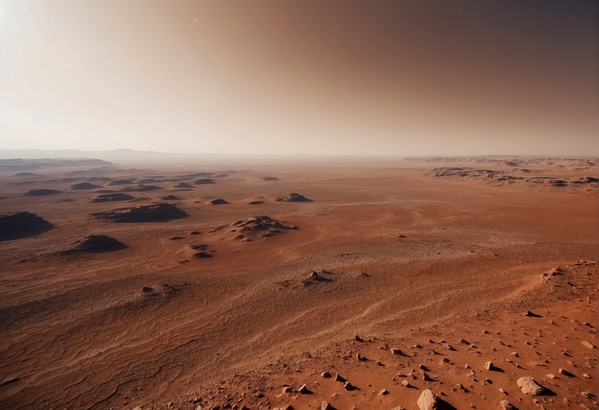 The barren red landscape of Mars stretches out before us, with dust storms swirling in the distance. The atmosphere is thin and toxic, presenting significant challenges for any potential terraforming efforts