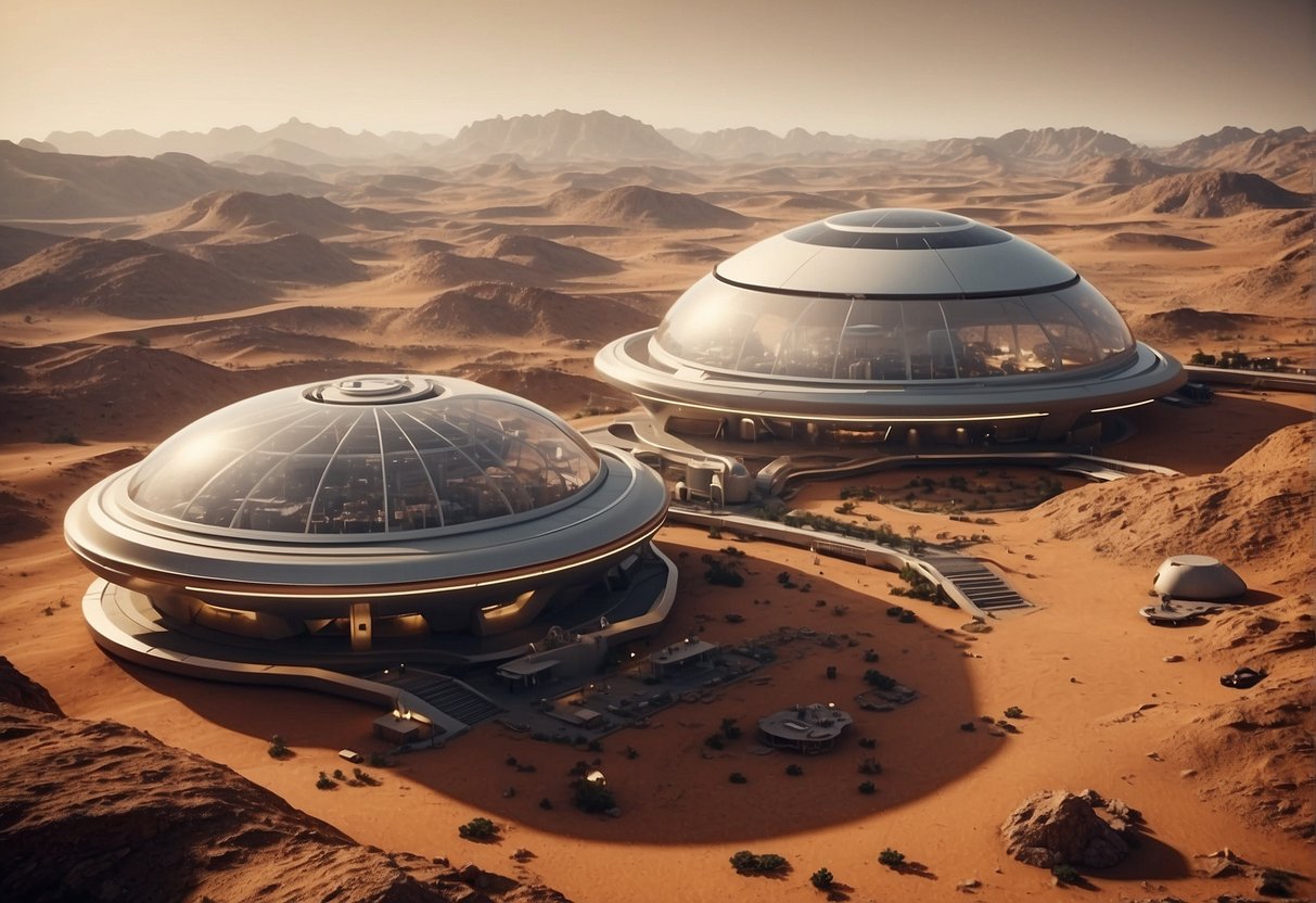 A futuristic Mars colony with advanced infrastructure and terraforming technology, showcasing the potential for human habitation and ethical considerations
