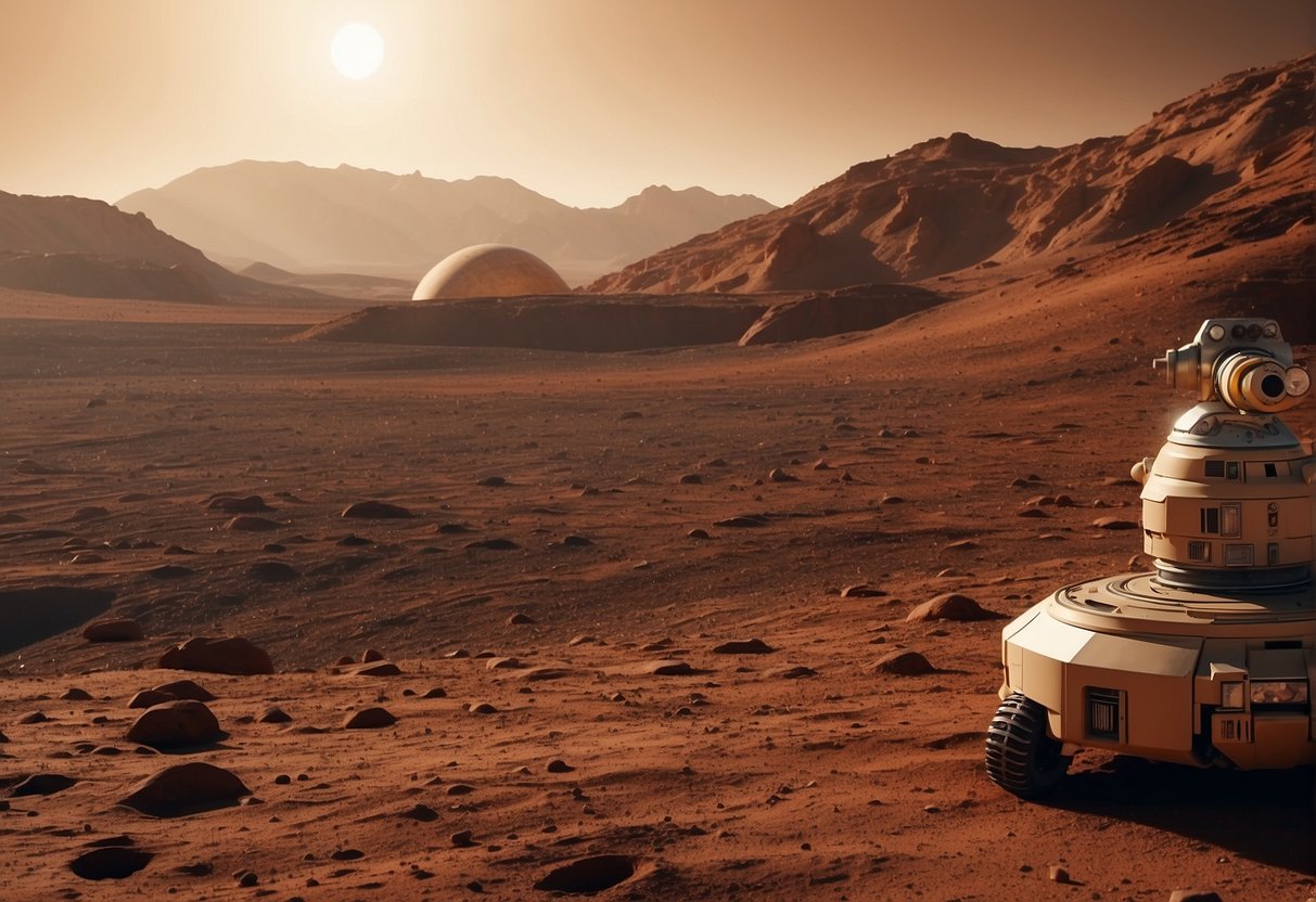 A red planet with a barren surface, dotted with robotic equipment and artificial structures. A thin atmosphere hovers above, hinting at the potential for future transformation