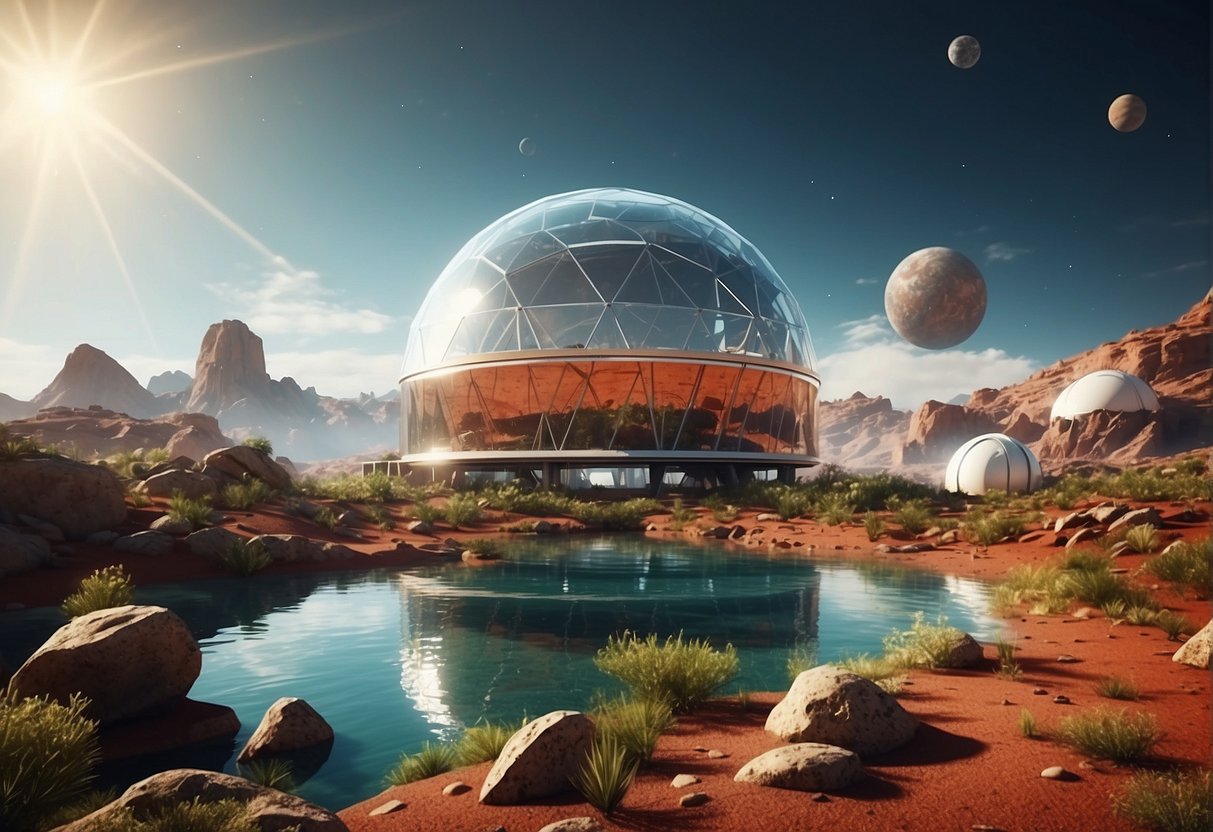 A red planet with rocky terrain and a thin atmosphere. A futuristic dome structure housing greenery and water. Scientific instruments and robots at work