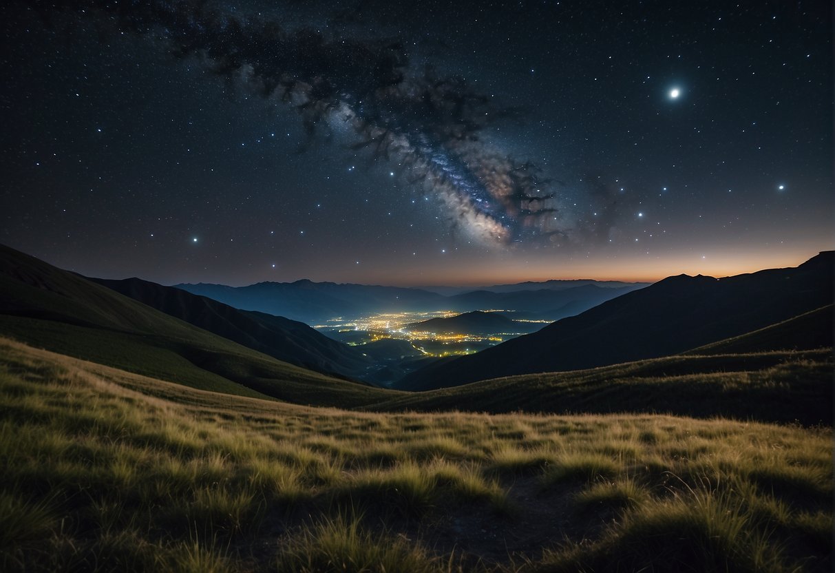 Astrotourism A panoramic view of a remote, unspoiled landscape at night, with a clear, star-filled sky overhead and a tranquil, peaceful atmosphere