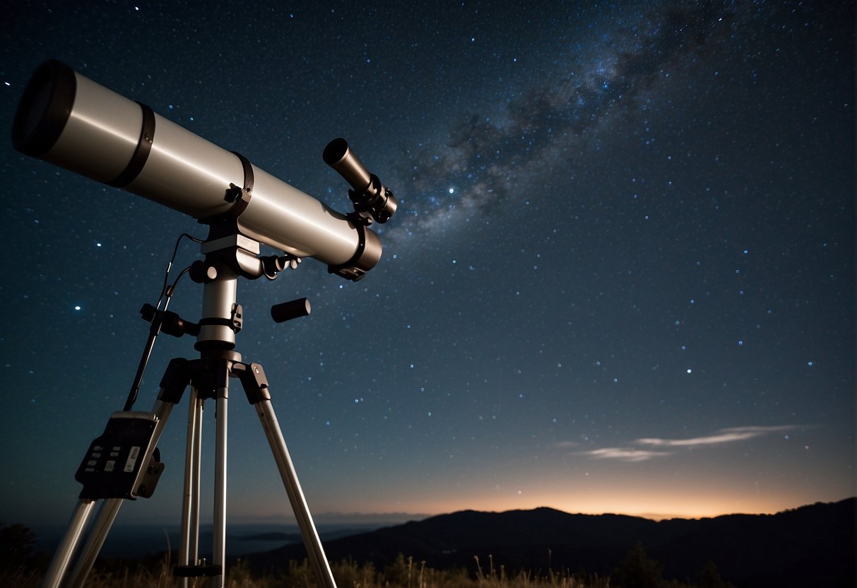 A clear night sky with twinkling stars, a telescope pointed towards the heavens, and a serene, natural setting with minimal light pollution