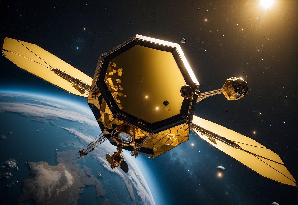The James Webb Space Telescope orbits Earth, its golden mirrors reflecting the distant stars. It scans the universe, seeking to unveil the secrets of the cosmos