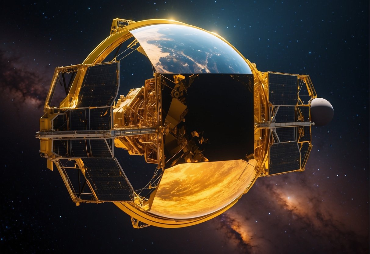 The James Webb Space Telescope orbits a distant exoplanet, its golden mirror reflecting the light of a distant star. The telescope's instruments scan the planet's atmosphere, searching for signs of life