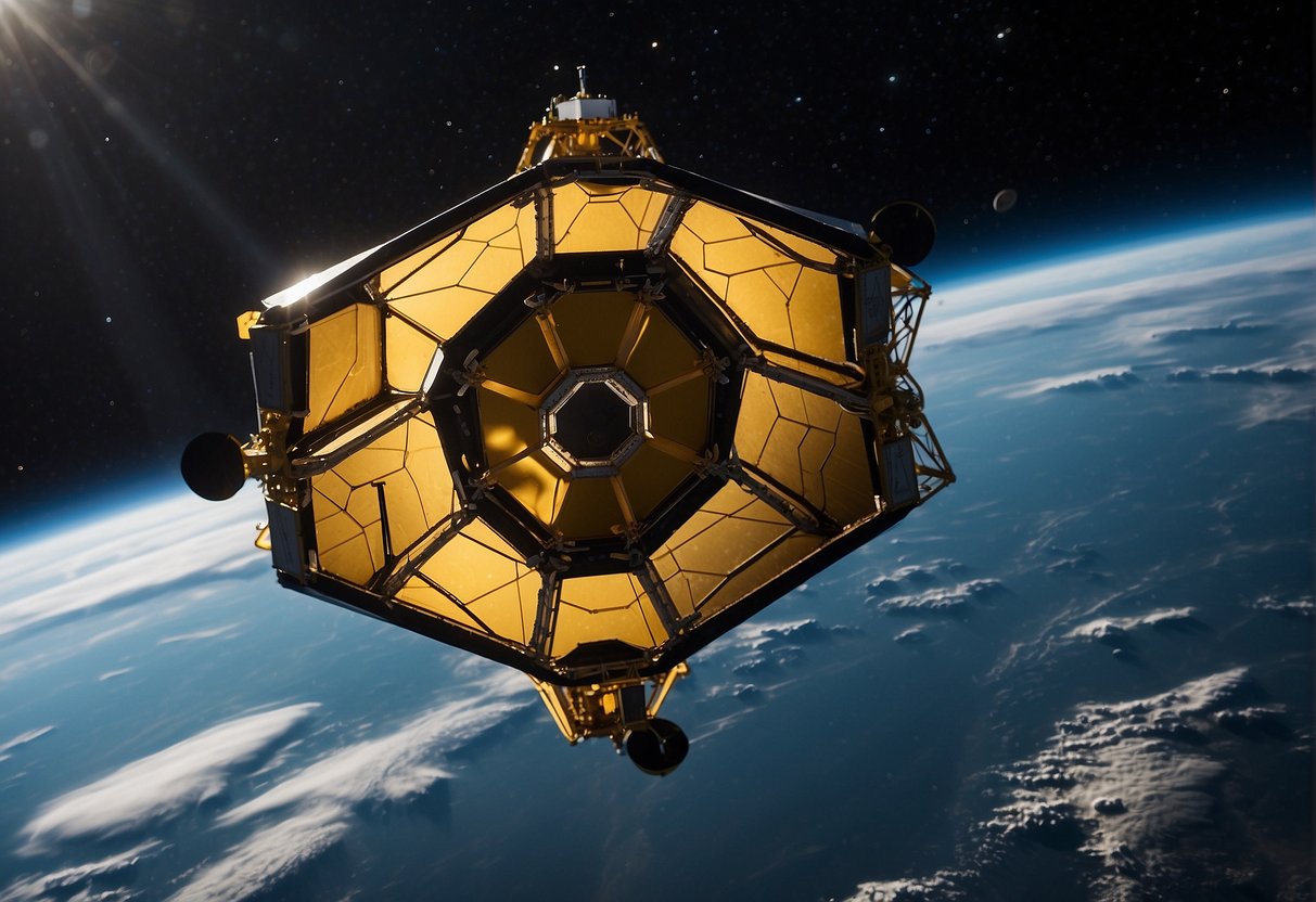 The James Webb Space Telescope orbits Earth, observing distant galaxies and uncovering cosmic secrets with its powerful instruments