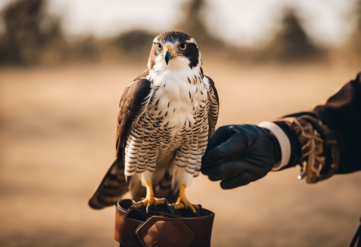 A majestic falcon perches on a leather-gloved hand, its keen eyes focused on the horizon. The falconer stands proudly, adorned in traditional attire, as the bird of prey represents the ancient art of falconry