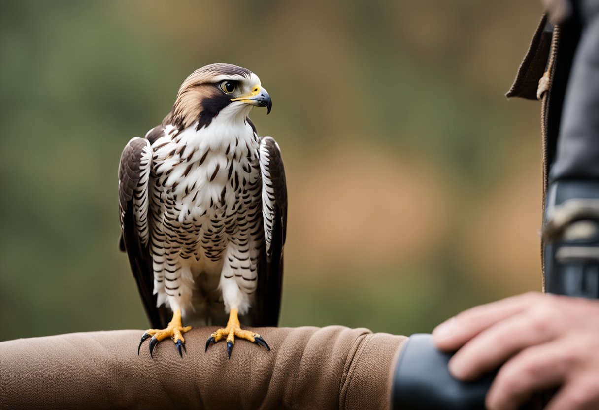 A falcon perches on a leather glove, its sharp eyes fixed on a distant target. The handler stands nearby, ready to release the bird for a hunt