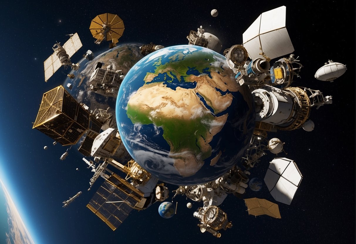 A cluttered orbit with debris orbiting Earth, including defunct satellites and discarded rocket stages. Potential collisions pose risks to active spacecraft. Proposed solutions include debris removal and better waste management