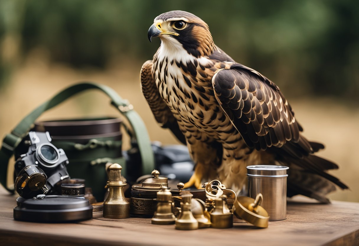 Falconry equipment laid out on a table, with hoods, jesses, and bells neatly arranged. A falcon perched on a gloved hand in the background
