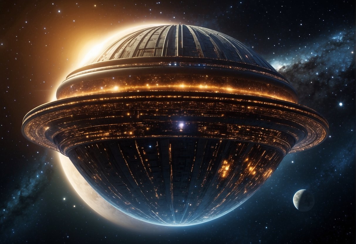 Alien Megastructures: A colossal alien megastructure looms in the cosmos, radiating an otherworldly glow as it dwarfs nearby celestial bodies