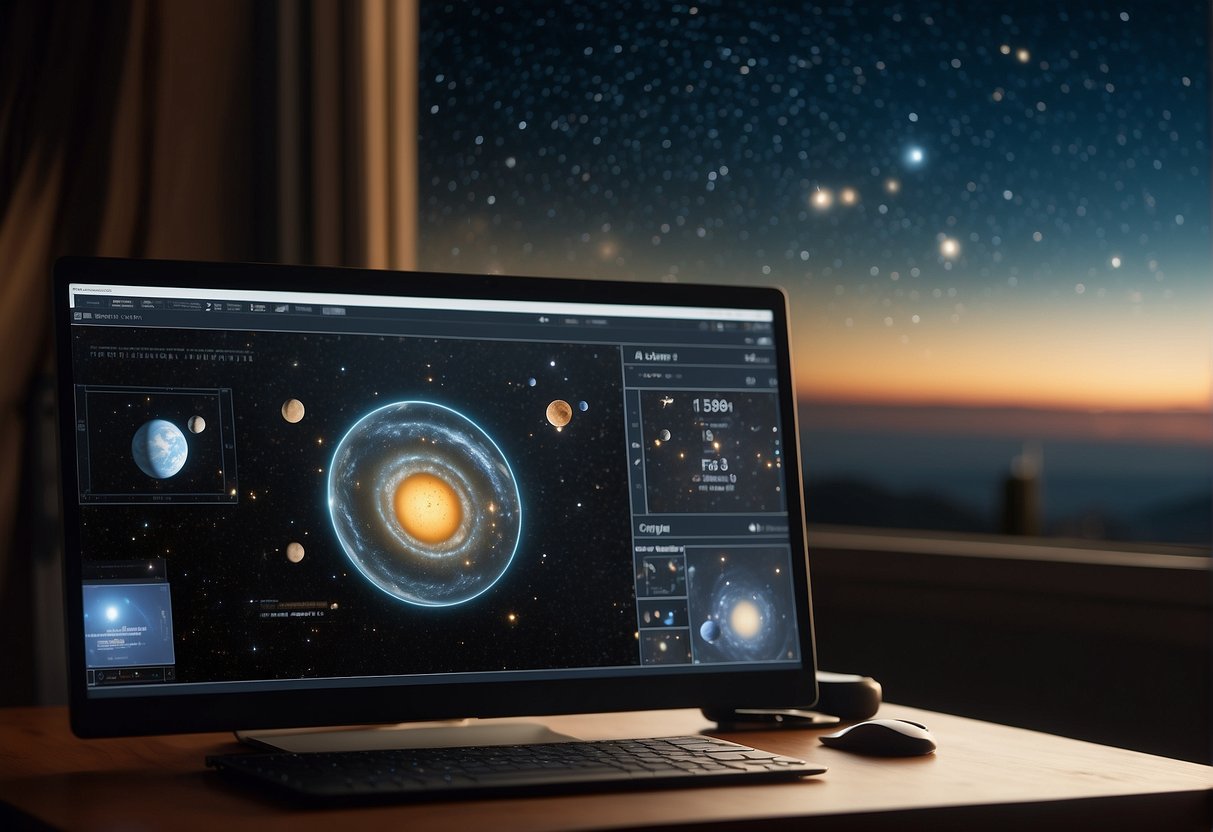 A telescope points towards a distant star system, while a computer screen displays data and theoretical models of exoplanets in the habitable zone