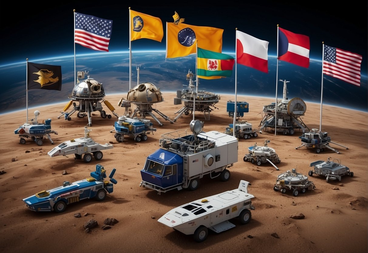 Space Agencies of the World: Various spacecraft from different space agencies orbiting Earth, with flags of different countries visible on the vehicles. Communication satellites and space telescopes are also present