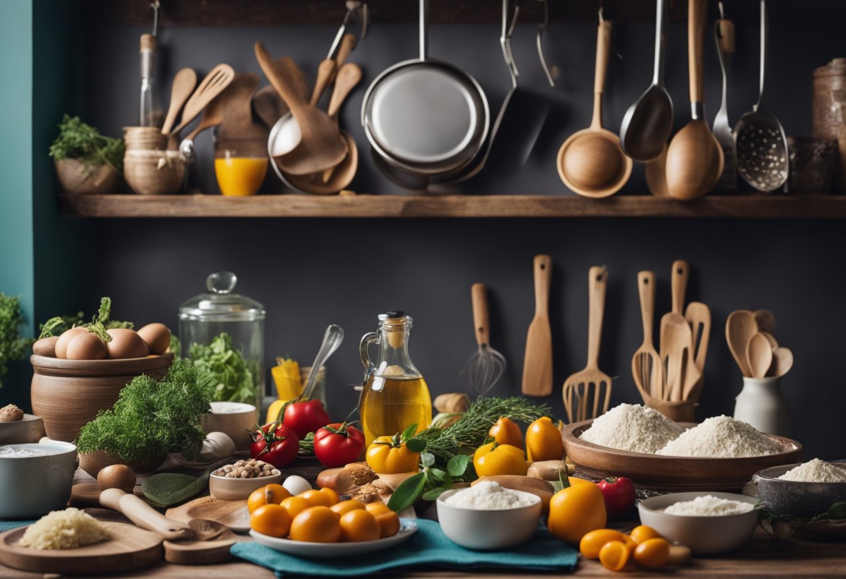 A table filled with various cooking utensils, recipe books, and fresh ingredients, surrounded by colorful kitchen decor