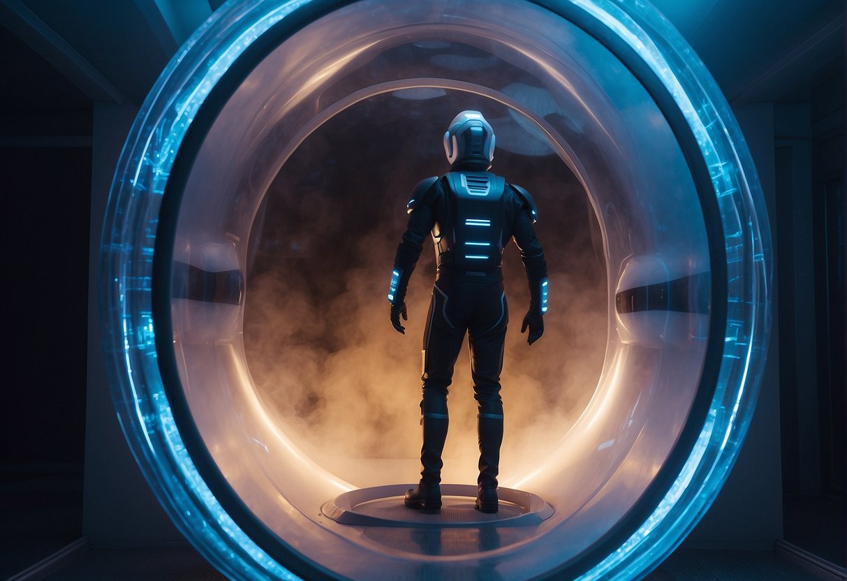 The Science of Cryogenics: A cryogenic chamber with futuristic technology, emitting a cold, blue light, encasing a human-sized pod, surrounded by swirling mist