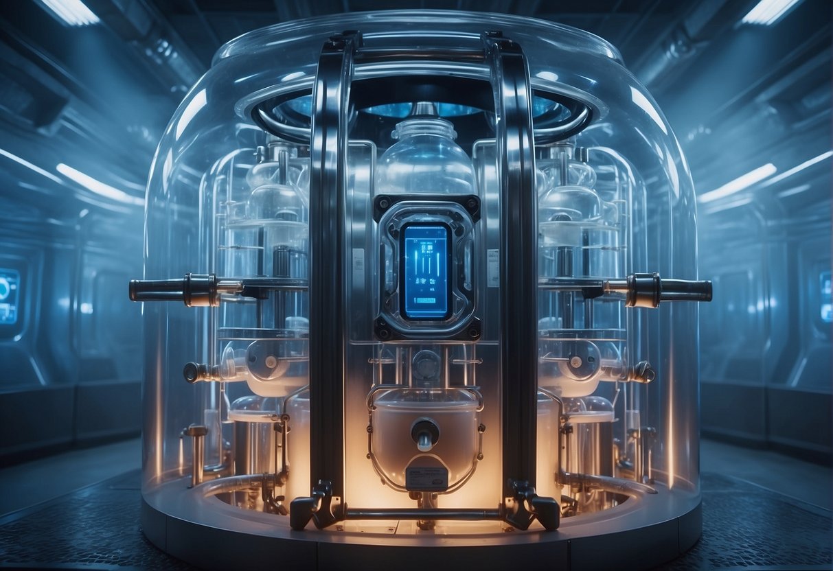 A cryogenic chamber with futuristic technology, surrounded by icy mist and glowing blue lights. An intricate system of tubes and valves, with a frozen body suspended in the center