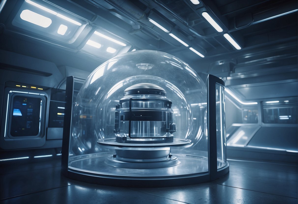 A cryopreservation chamber with futuristic technology, surrounded by a space-themed environment, with freezing mist and a sense of anticipation for future space travel