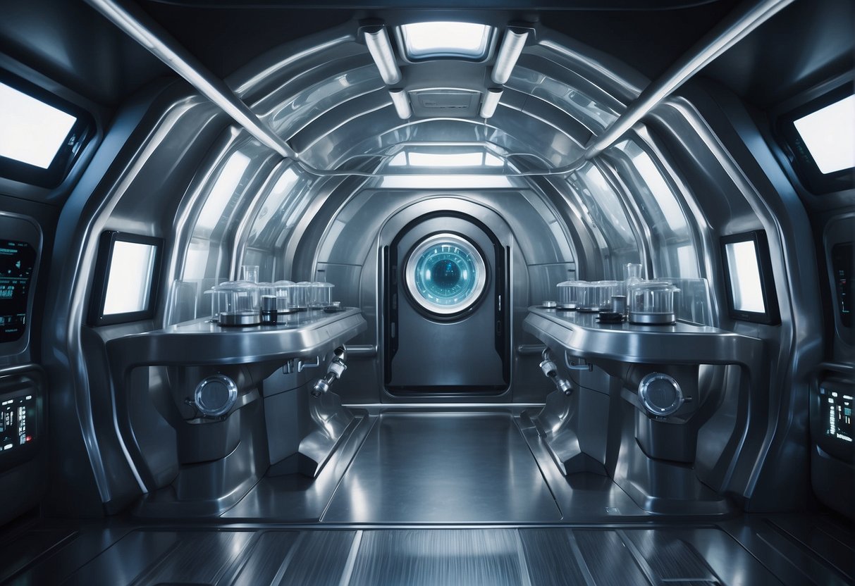 A cryogenic chamber with futuristic technology and space travel equipment