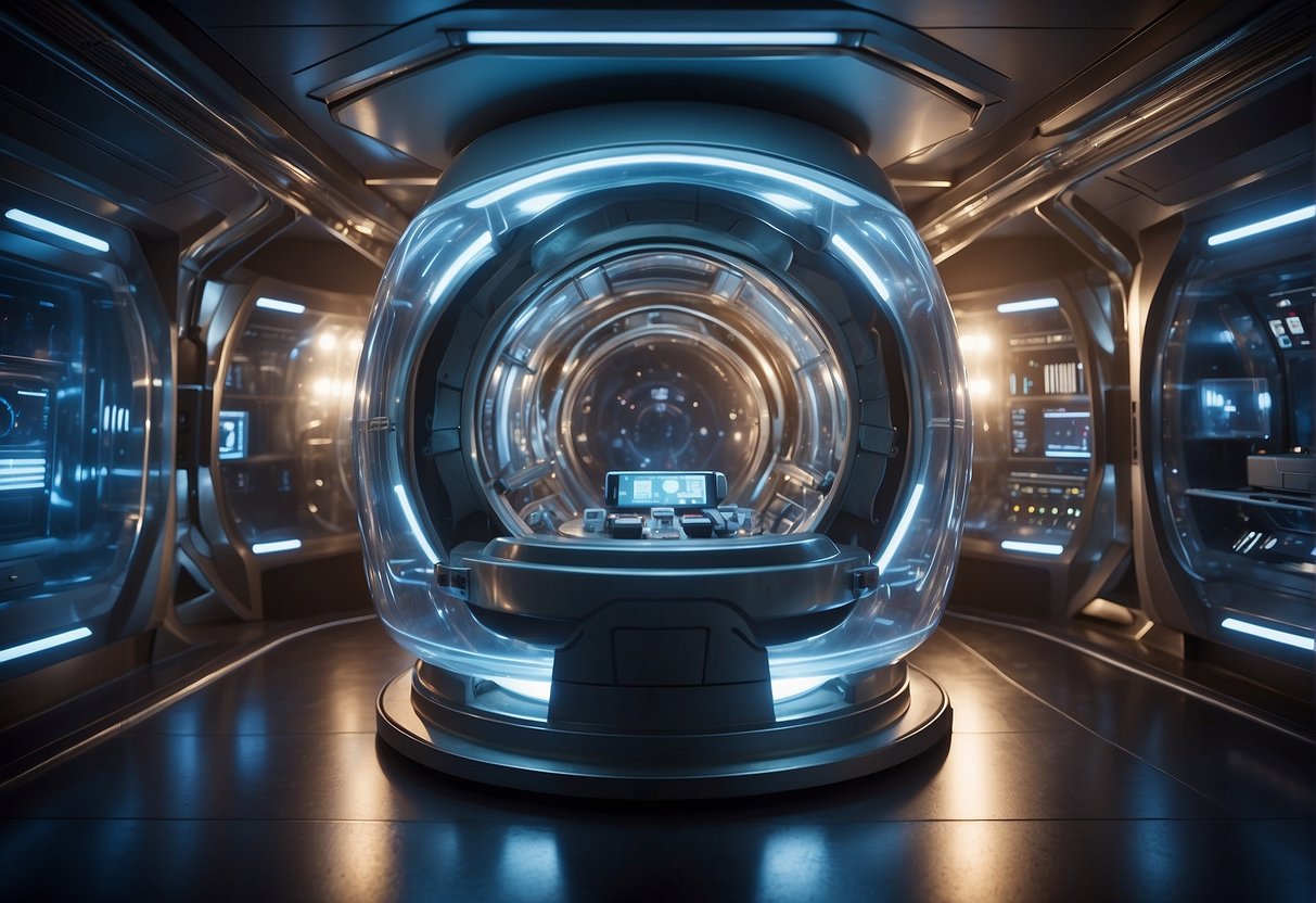 A futuristic cryogenic chamber with sleek, metallic surfaces and glowing lights, surrounded by high-tech equipment and monitors, with a sense of anticipation and possibility for future space travel