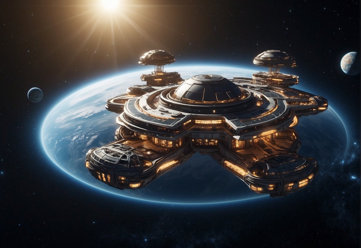 A cluster of interconnected space habitats floats in the vastness of outer space, featuring sleek, sustainable design and efficient use of space and resources