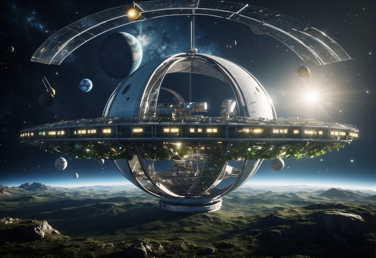 A space habitat with interconnected modules, solar panels, and greenhouses, orbiting a distant planet, surrounded by stars and cosmic debris