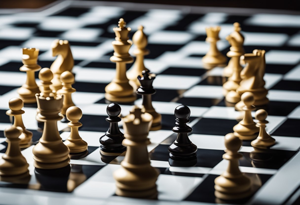 Two chess boards set up with pieces mirrored on each side. A player's hand moving a piece on one board while the other board remains unchanged