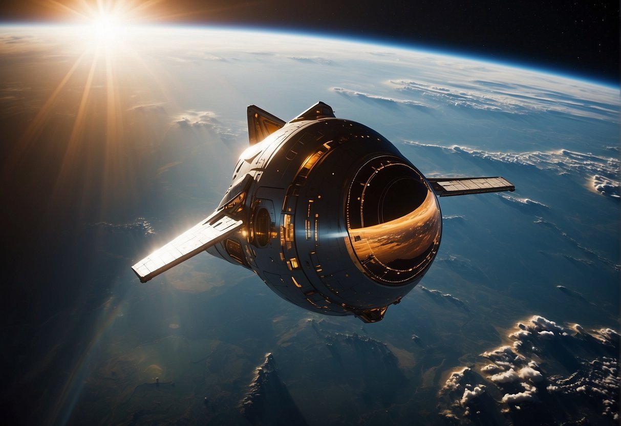 Unveiling The Experience of Space Tourism: A sleek spacecraft hovers above Earth's curvature, with the sun casting a warm glow on the planet's surface. The stars twinkle in the vast expanse of space, creating a breathtaking view for space tourists