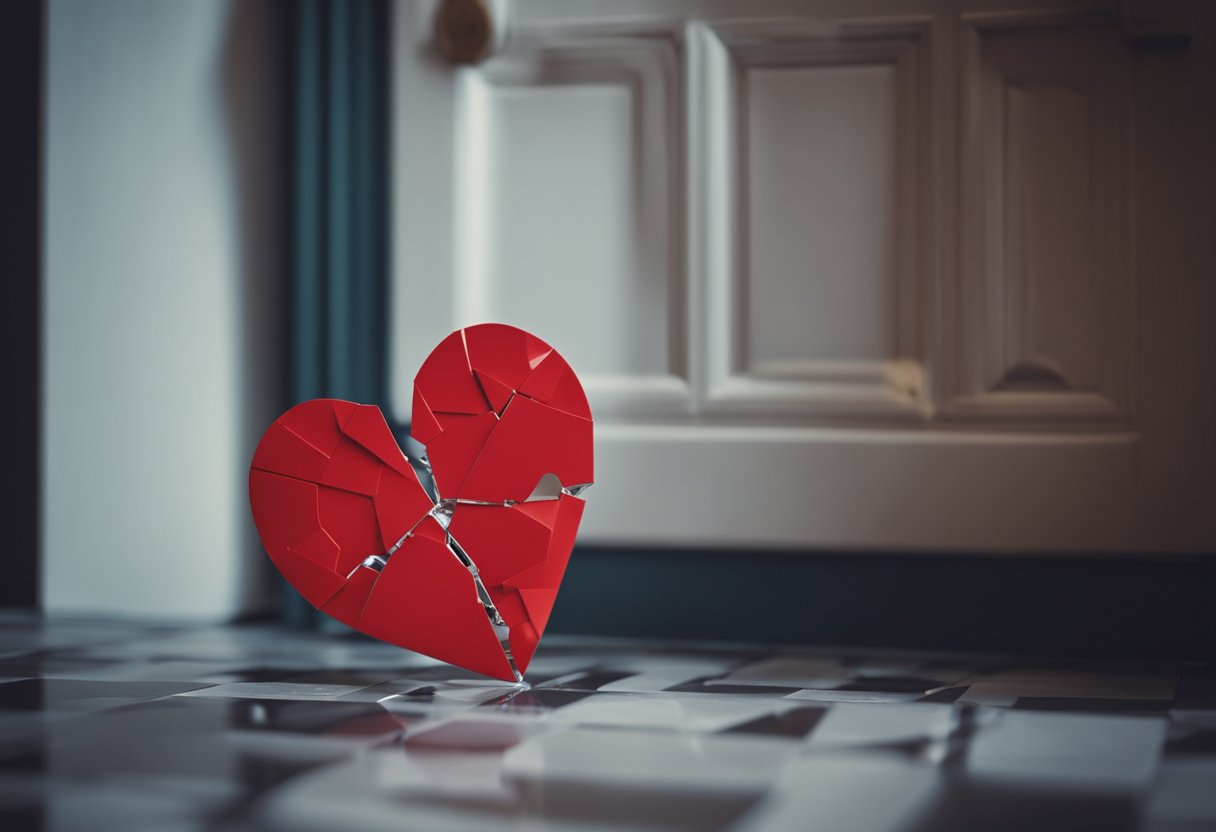 A broken heart lies shattered beside a closed door, symbolizing the futile attempt to mend a past relationship